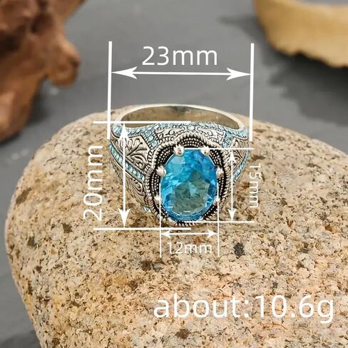 925 Plated Silver CZ Aquamarine Men's Ring Multicolor Stone Ring Vintage Turkish Style Men's Women 's Handmade Engraved Silver Ring with Emerald Stone Jewelry Size 10# in Saudi Arabia