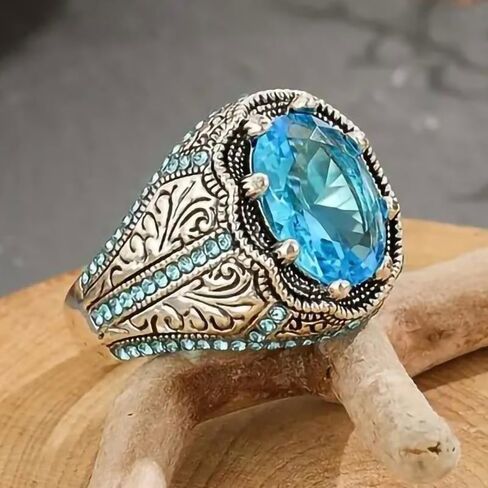 925 Plated Silver CZ Aquamarine Men's Ring Multicolor Stone Ring Vintage Turkish Style Men's Women 's Handmade Engraved Silver Ring with Emerald Stone Jewelry Size 10# in Saudi Arabia