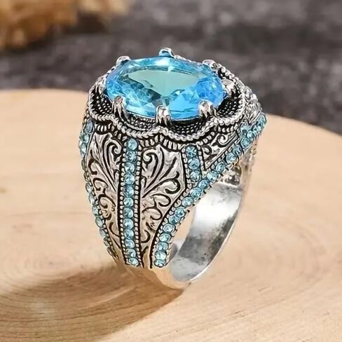 925 Plated Silver CZ Aquamarine Men's Ring Multicolor Stone Ring Vintage Turkish Style Men's Women 's Handmade Engraved Silver Ring with Emerald Stone Jewelry Size 10# in Saudi Arabia