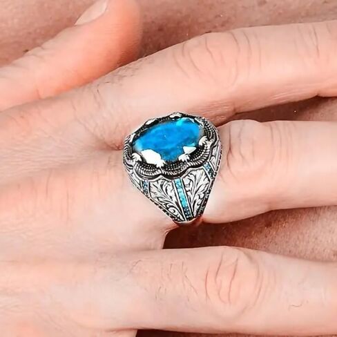 925 Plated Silver CZ Aquamarine Men's Ring Multicolor Stone Ring Vintage Turkish Style Men's Women 's Handmade Engraved Silver Ring with Emerald Stone Jewelry Size 10# in Saudi Arabia