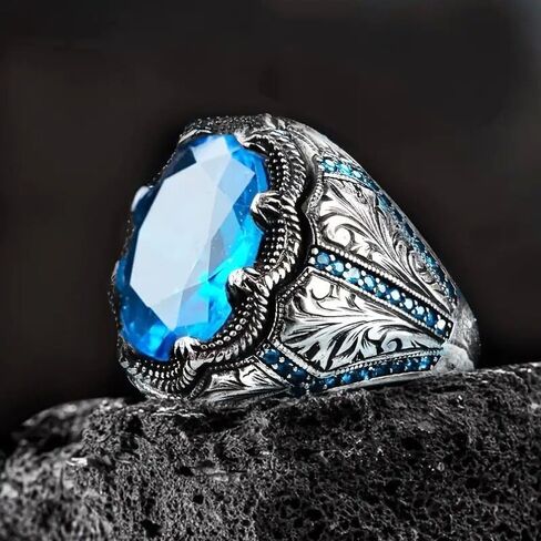925 Plated Silver CZ Aquamarine Men's Ring Multicolor Stone Ring Vintage Turkish Style Men's Women 's Handmade Engraved Silver Ring with Emerald Stone Jewelry Size 10# in Saudi Arabia