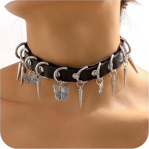 Gothic Butterfly Leather Choker Necklace for Women Black PU Collar Spike Butterfly Necklace Vintage Choker Collar Y2k Punk Goth Jewelry Gifts in Saudi Arabia