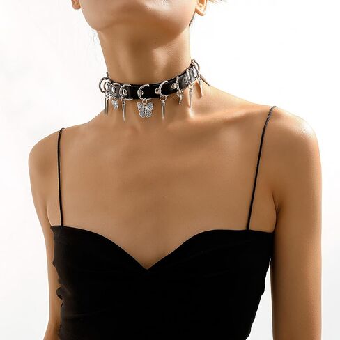 Gothic Butterfly Leather Choker Necklace for Women Black PU Collar Spike Butterfly Necklace Vintage Choker Collar Y2k Punk Goth Jewelry Gifts in Saudi Arabia