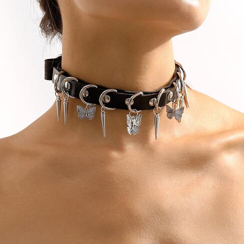 Gothic Butterfly Leather Choker Necklace for Women Black PU Collar Spike Butterfly Necklace Vintage Choker Collar Y2k Punk Goth Jewelry Gifts in Saudi Arabia