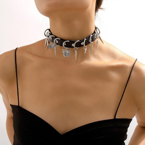 Gothic Butterfly Leather Choker Necklace for Women Black PU Collar Spike Butterfly Necklace Vintage Choker Collar Y2k Punk Goth Jewelry Gifts in Saudi Arabia