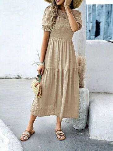 LIGHT DOT Women's Maxi Modest Dress 2025 Ruffle Puff Short Sleeve Smocked Tiered Casual Flowy in Kuwait