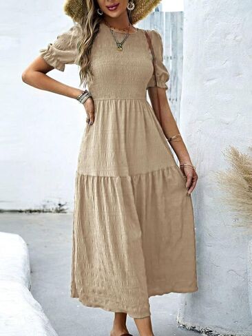 LIGHT DOT Women's Maxi Modest Dress 2025 Ruffle Puff Short Sleeve Smocked Tiered Casual Flowy in Kuwait