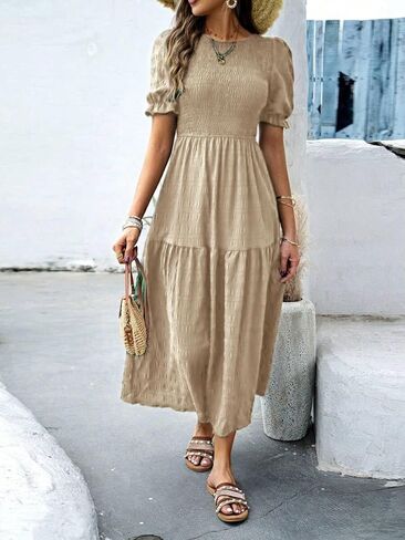 LIGHT DOT Women's Maxi Modest Dress 2025 Ruffle Puff Short Sleeve Smocked Tiered Casual Flowy in Kuwait