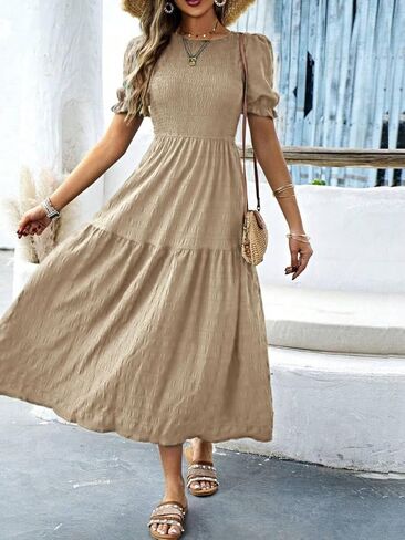 LIGHT DOT Women's Maxi Modest Dress 2025 Ruffle Puff Short Sleeve Smocked Tiered Casual Flowy in Kuwait