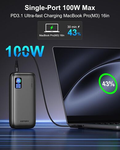 AsperX Power Bank,24,000mAh 145W Portable Charger,TFT Smart Display,3-Port USB C PD 3.1 Fast Charging Battery Pack for Laptop MacBook,ipad,iPhone 15/14/13, Dell XPS, Galaxy S24, Steam Deck, AirPods in Kuwait
