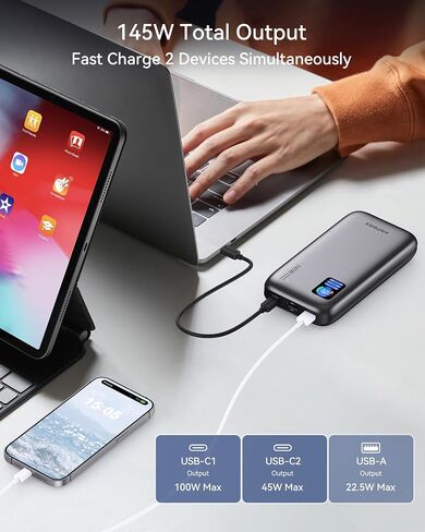 AsperX Power Bank,24,000mAh 145W Portable Charger,TFT Smart Display,3-Port USB C PD 3.1 Fast Charging Battery Pack for Laptop MacBook,ipad,iPhone 15/14/13, Dell XPS, Galaxy S24, Steam Deck, AirPods in Kuwait