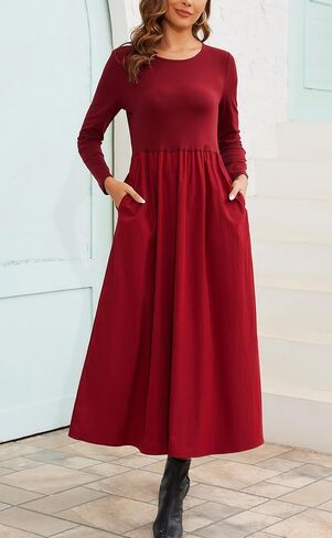 فساتين Kormei النسائية غير الرسمية بأكمام طويلة فساتين الخريف A Line الصلبة لحفلات الزفاف ضيف فستان منفوش مع جيوب in Kuwait