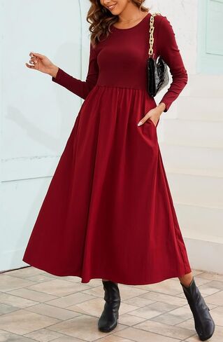 فساتين Kormei النسائية غير الرسمية بأكمام طويلة فساتين الخريف A Line الصلبة لحفلات الزفاف ضيف فستان منفوش مع جيوب in Kuwait