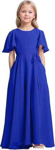 Junior Bridesmaid Dresses for Teen Girls Short Sleeves Chiffon Flower Girl Dress Wedding Pageant Party Formal Dress in Saudi Arabia