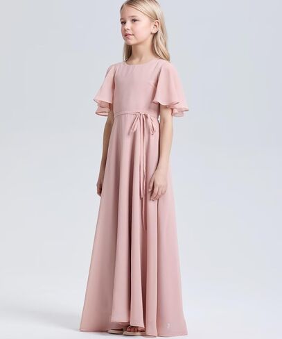 Junior Bridesmaid Dresses for Teen Girls Short Sleeves Chiffon Flower Girl Dress Wedding Pageant Party Formal Dress in Saudi Arabia