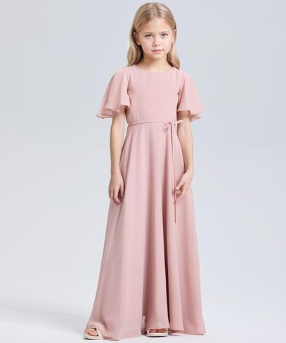 Junior Bridesmaid Dresses for Teen Girls Short Sleeves Chiffon Flower Girl Dress Wedding Pageant Party Formal Dress in Saudi Arabia