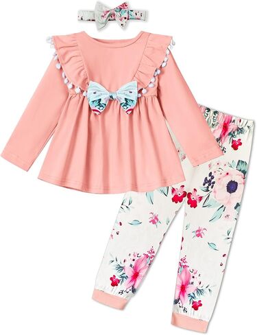 ملابس للفتيات الصغيرات ذات اللون الصلب وأكمام مكشكشة، وبنطلونات زهرية مع عصابة رأس لفصل الخريف والشتاء، ملابس للفتيات الصغيرات in Kuwait