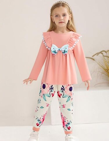 ملابس للفتيات الصغيرات ذات اللون الصلب وأكمام مكشكشة، وبنطلونات زهرية مع عصابة رأس لفصل الخريف والشتاء، ملابس للفتيات الصغيرات in Kuwait