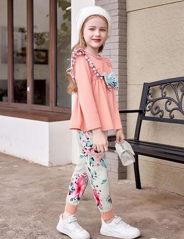 ملابس للفتيات الصغيرات ذات اللون الصلب وأكمام مكشكشة، وبنطلونات زهرية مع عصابة رأس لفصل الخريف والشتاء، ملابس للفتيات الصغيرات in Kuwait