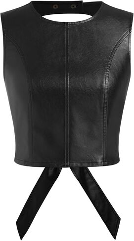 CIDER Shirts for Women Faux Leather Crew Neck Knotted Backless Sleeveless Crop Top Vest Solid Lined in Saudi Arabia