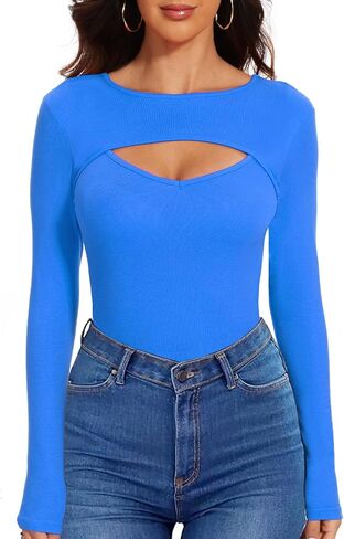 Sexy Cut Out Long Sleeve Tops for Women, Round Neck Ribbed Knit Fitted Tee T-Shirt,Open Chest Design for Going Out Tee in Saudi Arabia