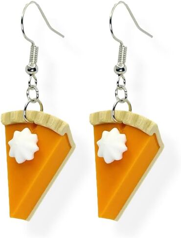 Handmade Pumpkin Pie Dangle Earrings, Fall Earrings, Plastic, 1.5 Inch Length, Whipped Cream Design, Novelty Dessert Theme, Silver-Tone Fish Hook, Party Wear, 2 Pieces in Saudi Arabia