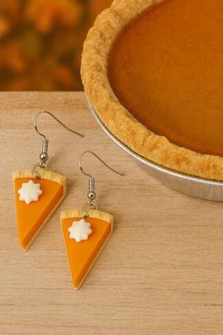 Handmade Pumpkin Pie Dangle Earrings, Fall Earrings, Plastic, 1.5 Inch Length, Whipped Cream Design, Novelty Dessert Theme, Silver-Tone Fish Hook, Party Wear, 2 Pieces in Saudi Arabia