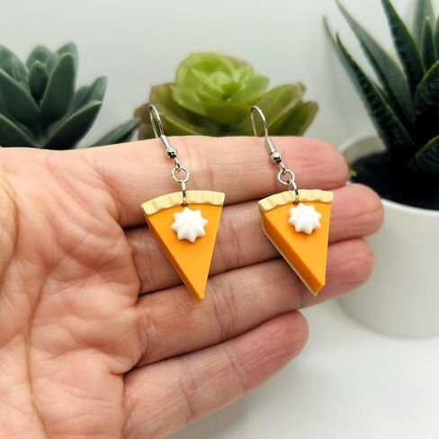 Handmade Pumpkin Pie Dangle Earrings, Fall Earrings, Plastic, 1.5 Inch Length, Whipped Cream Design, Novelty Dessert Theme, Silver-Tone Fish Hook, Party Wear, 2 Pieces in Saudi Arabia