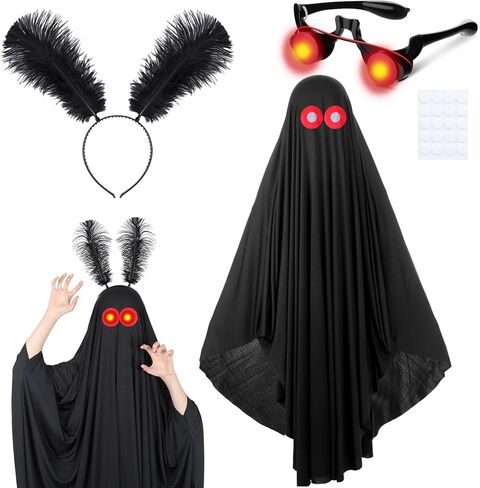 Mepase 3 Pcs Halloween Mothman Costume Accessories Include Black Cloak Cape Light Red Eyes Glasses and Feather Headband for Unisex Adults Women Men Spooky Outfits Fancy Dress Cosplay Party in Saudi Arabia