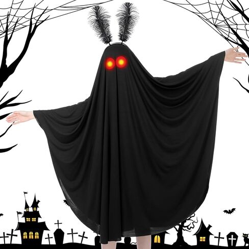 Mepase 3 Pcs Halloween Mothman Costume Accessories Include Black Cloak Cape Light Red Eyes Glasses and Feather Headband for Unisex Adults Women Men Spooky Outfits Fancy Dress Cosplay Party in Saudi Arabia