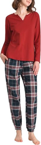 Latuza Women's 2 Piece Pajama Lounge Set Long Sleeves Top Flannel Plaid Joggers in Saudi Arabia