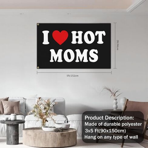 I Love Moms Flag - I Heart Hot Moms Funny Tapestry for Teen Girls Room Bedroom College Dorm - Mother's Day Birthday Valentines Day Decorations Banner Gifts in Saudi Arabia