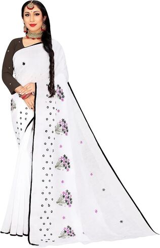 Women's Cotton Saree For Ethnic Wear, Flower Embroidery Traditional Wear For Party with Unstitched Blouse in Saudi Arabia