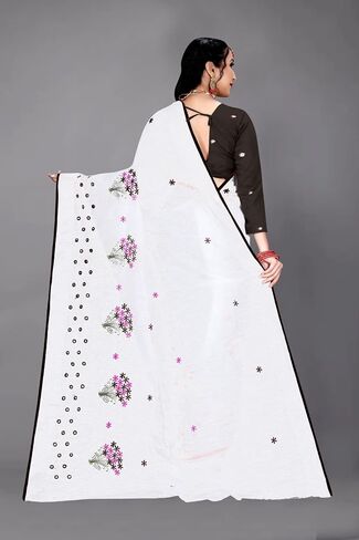 Women's Cotton Saree For Ethnic Wear, Flower Embroidery Traditional Wear For Party with Unstitched Blouse in Saudi Arabia