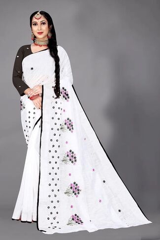 Women's Cotton Saree For Ethnic Wear, Flower Embroidery Traditional Wear For Party with Unstitched Blouse in Saudi Arabia