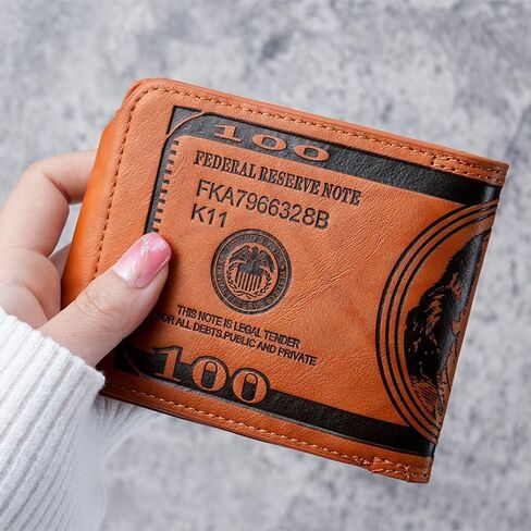 Men's Brown Leather Bifold Wallet - 100 Dollar Bill Pattern, Credit Card Holder, ID Card & Photo Organizer, Billfold in Saudi Arabia