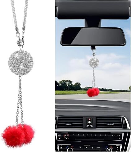 Bling Car Hanging Ornament for Rearview Mirror, Crystal Rhinestones Fuzzy Plush Ball Vehicle Mirror Hanging Charm, Diamond Auto Interior Rear View Decor Pendant, Universal Fit (Black) in Saudi Arabia