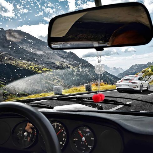 Bling Car Hanging Ornament for Rearview Mirror, Crystal Rhinestones Fuzzy Plush Ball Vehicle Mirror Hanging Charm, Diamond Auto Interior Rear View Decor Pendant, Universal Fit (Black) in Saudi Arabia