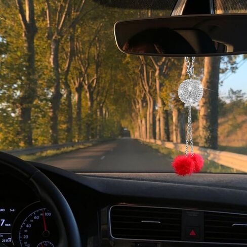 Bling Car Hanging Ornament for Rearview Mirror, Crystal Rhinestones Fuzzy Plush Ball Vehicle Mirror Hanging Charm, Diamond Auto Interior Rear View Decor Pendant, Universal Fit (Black) in Saudi Arabia