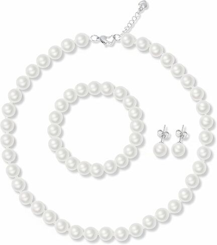 Pearl Necklace Set for Women and Girls, 8mm Glass Faux Pearl Includes Bracelet & Stud Earrings, 3-Piece Costume Jewelry Set, Wedding Bridesmaid Prom Gifts in Saudi Arabia