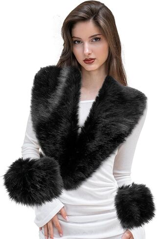 Winter Faux Fur Collar Cuffs Set Black Fluffy Collar Scarf Fake Wrist Cuffs Winter Neck Shawl Warmer for Women in Saudi Arabia