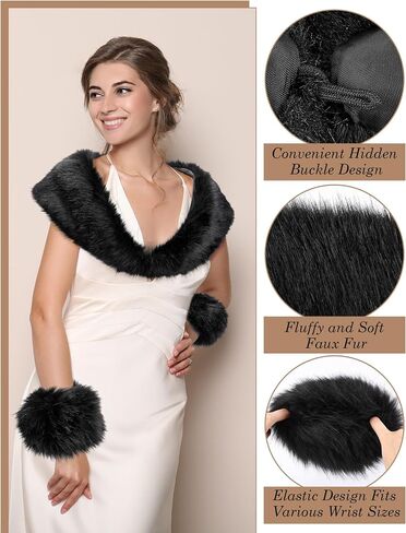 Winter Faux Fur Collar Cuffs Set Black Fluffy Collar Scarf Fake Wrist Cuffs Winter Neck Shawl Warmer for Women in Saudi Arabia