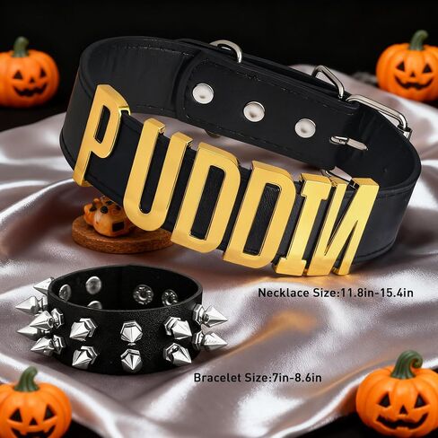 Puddin Choker Bracelet Set for Women Punk Letter Collar Leather Necklace Bracelet for Halloween Costumes Cosplay Accessories in Saudi Arabia