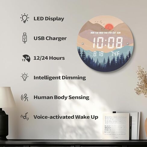 ساعة حائط رقمية مضاءة ذكية مع غروب الشمس تلقائيًا مع تقويم وقت درجة الحرارة وساعات عرض كبيرة 12/24 ساعة LED حديثة لغرفة المعيشة وغرفة النوم والمكتب وديكور المطبخ 12 بوصة in Kuwait