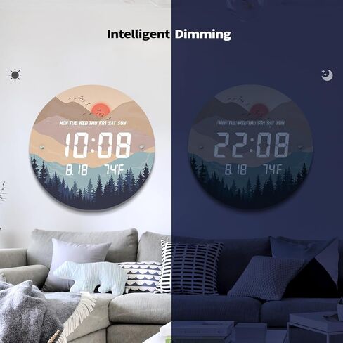 ساعة حائط رقمية مضاءة ذكية مع غروب الشمس تلقائيًا مع تقويم وقت درجة الحرارة وساعات عرض كبيرة 12/24 ساعة LED حديثة لغرفة المعيشة وغرفة النوم والمكتب وديكور المطبخ 12 بوصة in Kuwait