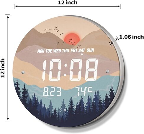 ساعة حائط رقمية مضاءة ذكية مع غروب الشمس تلقائيًا مع تقويم وقت درجة الحرارة وساعات عرض كبيرة 12/24 ساعة LED حديثة لغرفة المعيشة وغرفة النوم والمكتب وديكور المطبخ 12 بوصة in Kuwait