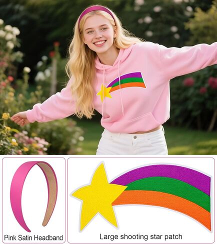 2Pcs Large Shooting Star Patch and Pink Satin Headband Rainbow Sweater Patch Halloween Cosplay Accessories for Women in Saudi Arabia
