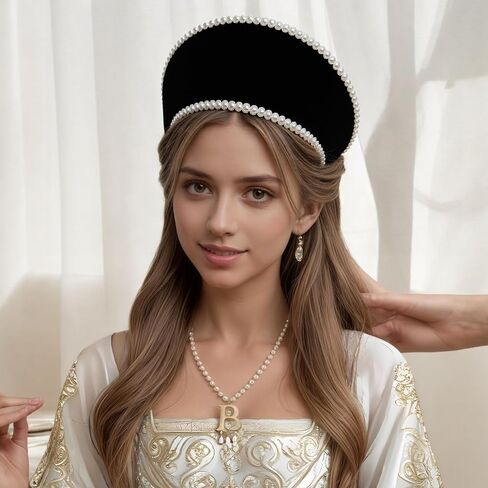 Anne Costume French Hood Letter B Pearl Necklace Tudor Headband Renaissance Headpiece for Women Halloween Princess Cosplay in Saudi Arabia