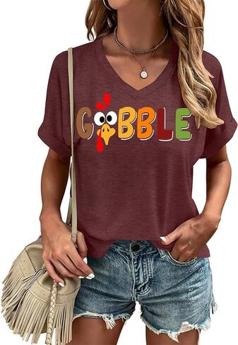 Thanksgiving Turkey Shirt for Women: Gobble Thankful Graphic T-Shirt Fall V Neck Blouse Tees in Kuwait