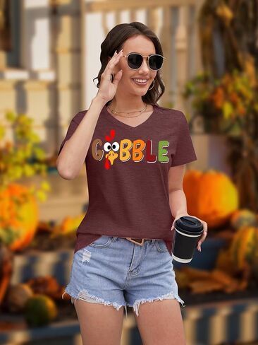 Thanksgiving Turkey Shirt for Women: Gobble Thankful Graphic T-Shirt Fall V Neck Blouse Tees in Kuwait